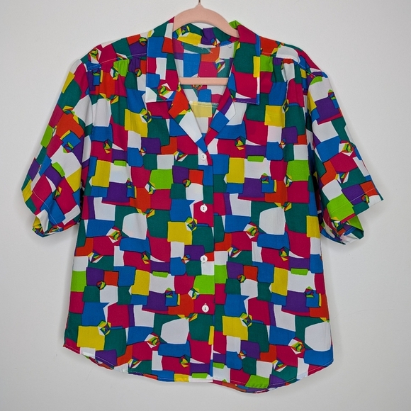 Rubik’s Cube Print Button-Up Shirt | Retro Gamer Colorblock Blouse Size M/L - Picture 2 of 9
